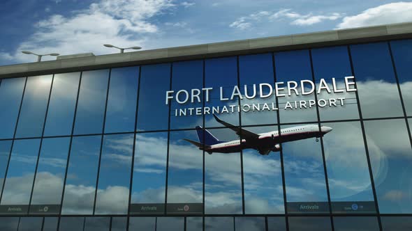 Airplane landing at Fort Lauderdale Florida, USA airport mirrored in terminal
