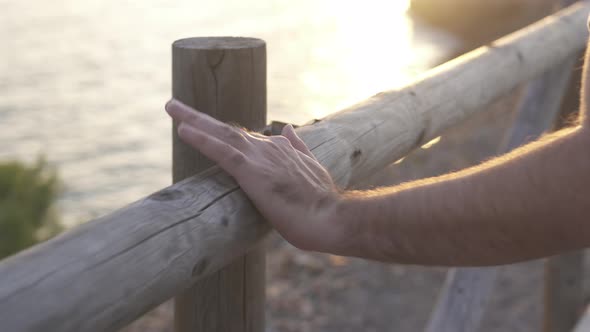 The hand of a man caresses and sinete the touch of a trunk as a railing during a sunset on the coast
