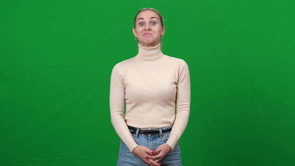 Satisfied Excited Happy Smiling Woman Showing Thumb Up Shaking Head Yes Looking at Camera at