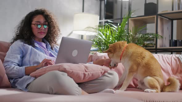 Young Brunette Woman in Casual Clothes While She Works with a Laptop in Sofa