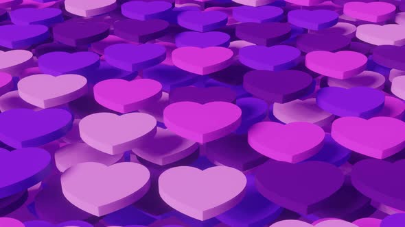 3d render seamless loop animated background with pink and violet heart shapes. Valentines day