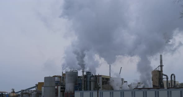 Paper Factory, Tartas, Landes department, France. Water vapor against  a grey sky