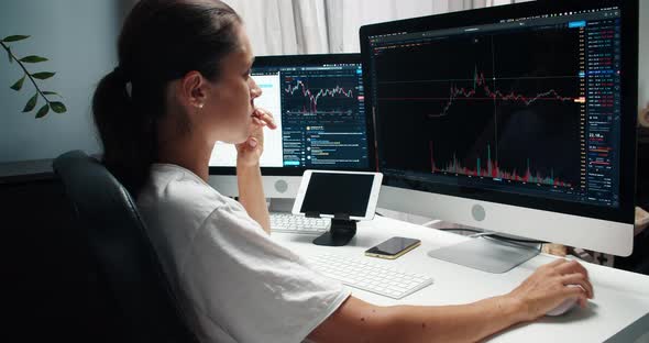 Businesswoman Analyzes Candle Charts of the Crypto Currency and Work From Home