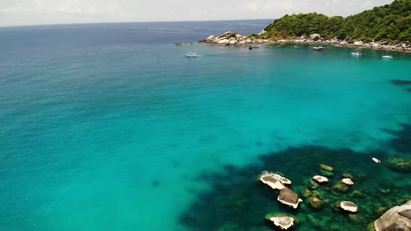 Tourist Boats in Tropical Bay. Drone View of Tourist Boats with Divers and Snorkelers Floating