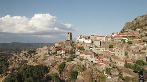 Monsanto village on mountainside with granite houses, Portugal; aerial