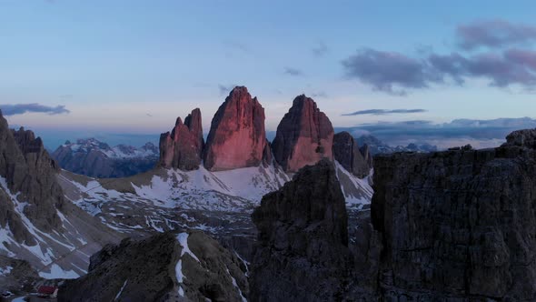 Aerial Flying Over Tre Cime di Lavaredo Mountain in Dolomites Alps Italy