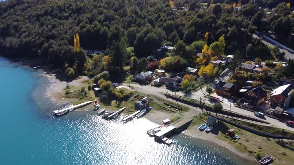 Aerial view of Puerto Bertrand, small Village in Patagonia, Chile. South America