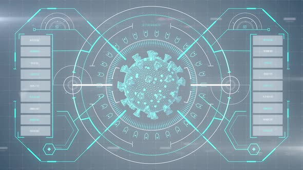Animation of macro coronavirus Covid-19 cell analyzed on a screen with medical information alt