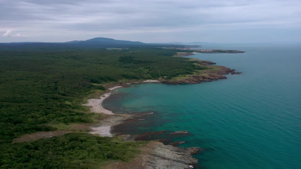 Drone flight above a picturesque rocky coastline