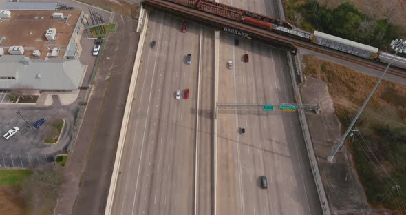 Establishing shot of cars on I-10 West freeway in Houston, Texas