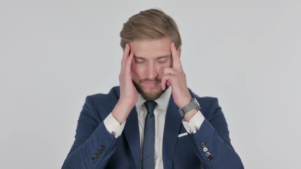 Young Businessman with Headache on White Background