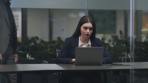 Young Lady Working on Laptop at Office Lustful Man Boss Touching Her Shoulder Angry Woman Pushing