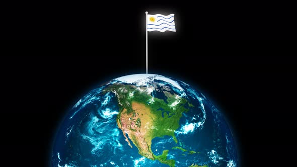 3d Rotated Planet Earth On Flying Uruguay Flag Animation