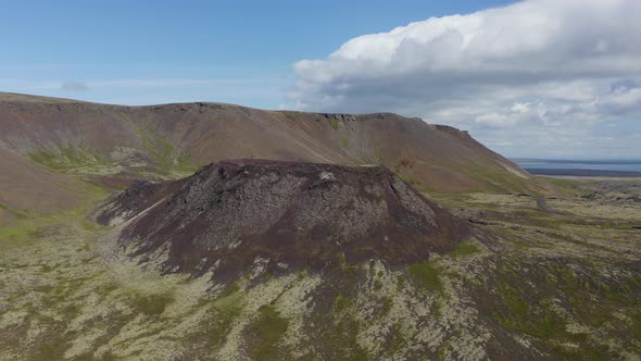 Fly Over Stóra-Eldborg Crater On Reykjanes Peninsula In Iceland. Aerial Drone Shot