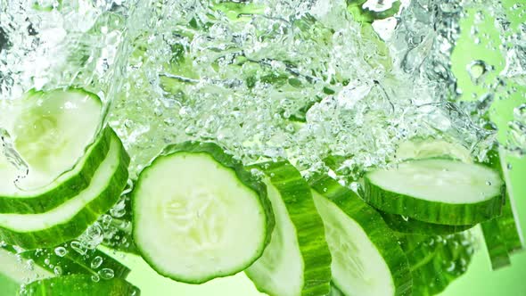 Super Slow Motion Shot of Cucumber Slices Falling Into Water on Green Background at 1000Fps.