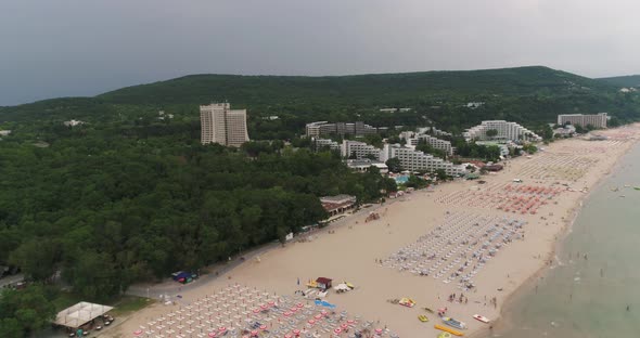 Aerial view of the beach and hotels in Albena, Bulgaria.