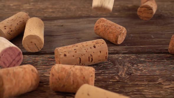 Falling wine corks on old wooden vintage boards. Slow motion.