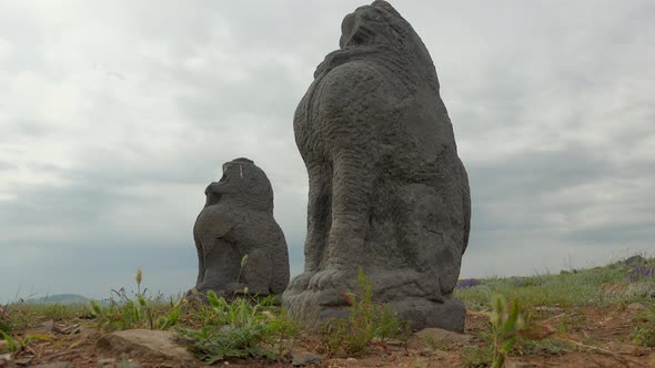 Stone Animal Sculptures in the Historical Archaeological Excavation Site