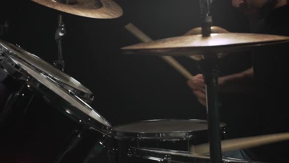 Close Up of Drummer Playing on Drum Kit Slow Motion