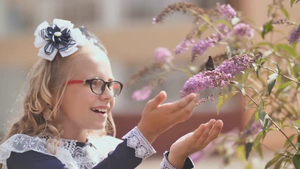 A Little Girl Catches Butterflies on the Bushes with Flowers