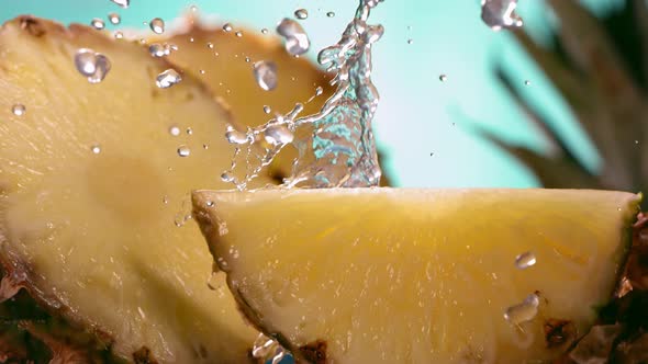 Slow Motion Shot of Pineapple and Water Splashing Through Pineapple Slices