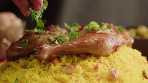 Couscous with Chicken Closeup Muslim Family Dinner Ramadan Iftar