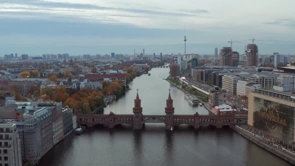 Berlin Establishing Shot of Cityscape Skyline with Spree River, Oberbaum Bridge and Construction