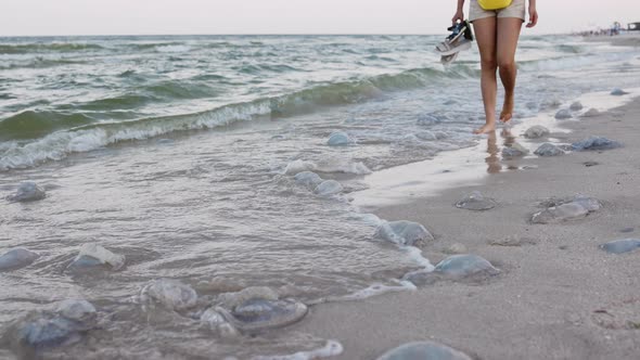 A Girl with Tanned Legs Walks Along the Beach That Was Strewn with Dead Dangerous Jellyfish