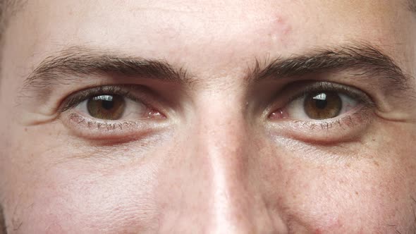 Slow Motion Closeup Portrait Caucasian Man Eyes Start Smiling Express Positive Emotions Look