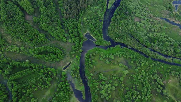 Curved River in Meadow Valley Aerial View