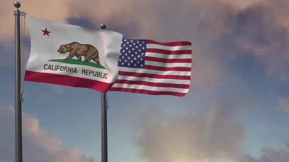 California State Flag Waving Along With The National Flag Of The USA  - 4K
