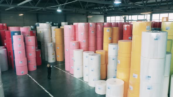 Female Worker Inspecting Massive Warehouse with Big Paper Rolls