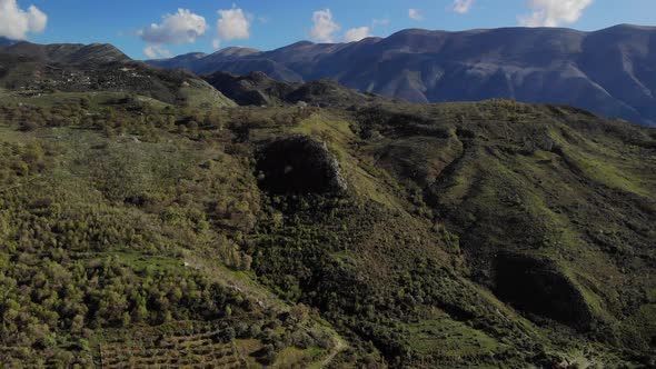 Panorama of Mountain Landscape Top of Dense Green Spruce Forest on Slopes Aerial View of Drone Turn