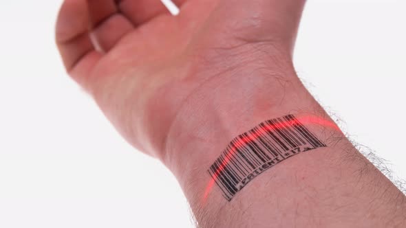 the Scanner Scans the Wrist of a Person with a Barcode Labeled Patient