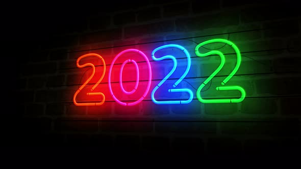 2022 year symbol neon on brick wall 3d