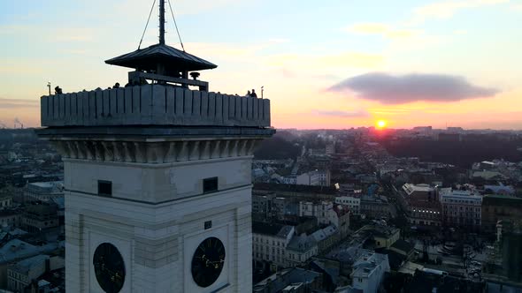 Aerial View of Winter Lviv City on Sunset