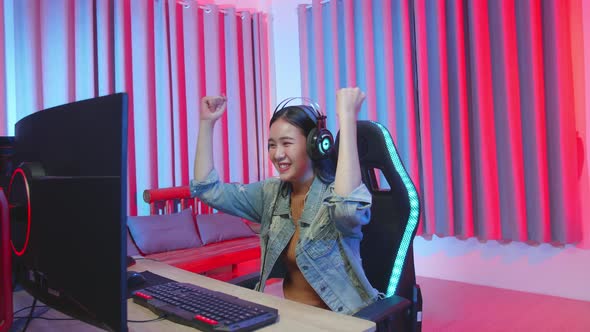 Asian Girl Gamer Celebrates Victory Video Game