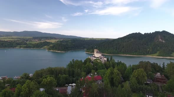 Drone Approaching Niedzica Castle At Lake Czorsztyn, Poland