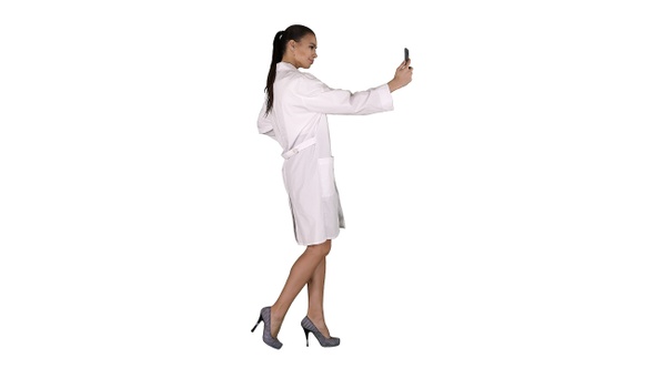 Stylish European Doctor Brunette Taking Selfie on Phone