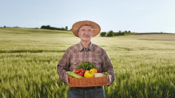 An Old Smiling Farmer is Standing in the Middle of a Field