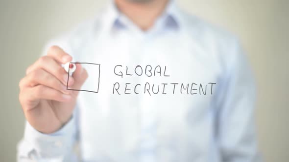 Global Recruitment, Businessman Writing on Transparent Screen