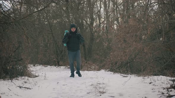 Hiker with Backpack Walking in the Pine Forest Covered with Deep Snow, Winter Activity 