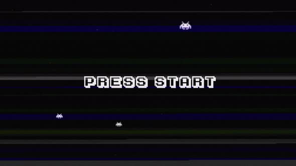 Retro Videogame Intro ,Press Start Text with Old Tv Glitch effect. alt