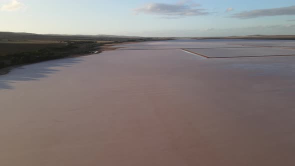 Drone aerial over dry pink salt lake in Australia with salt ridges