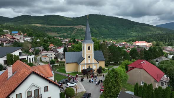 Aerial view of the church in the village of Helcmanovce in Slovakia