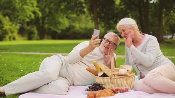 Senior Couple with Smartphone Video Chat at Picnic