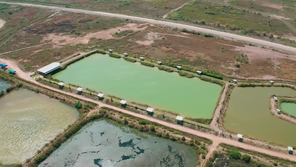 Aerial view of a fishing park in Cha-Am Thailand. Multiple lakes.