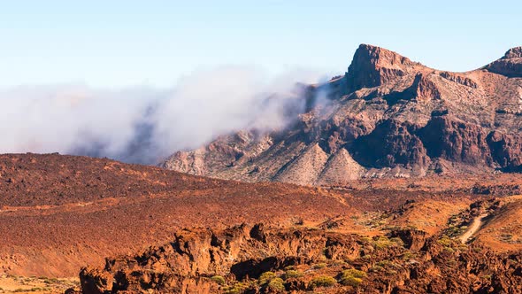 Teide volcano surroundings and landscape views with clouds in Tenerife, Canary Islands