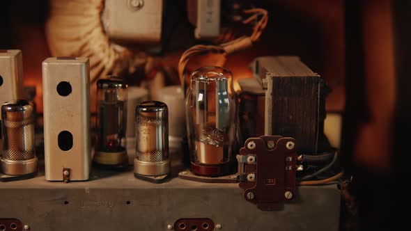 Internal View of Components of Old Retro Vintage Tube Radio Receiver