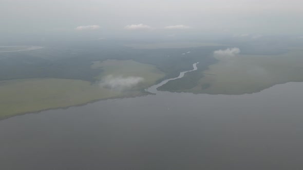 Aerial view of Lake Paliastomi at sunset. Kolkheti National Park, Georgia